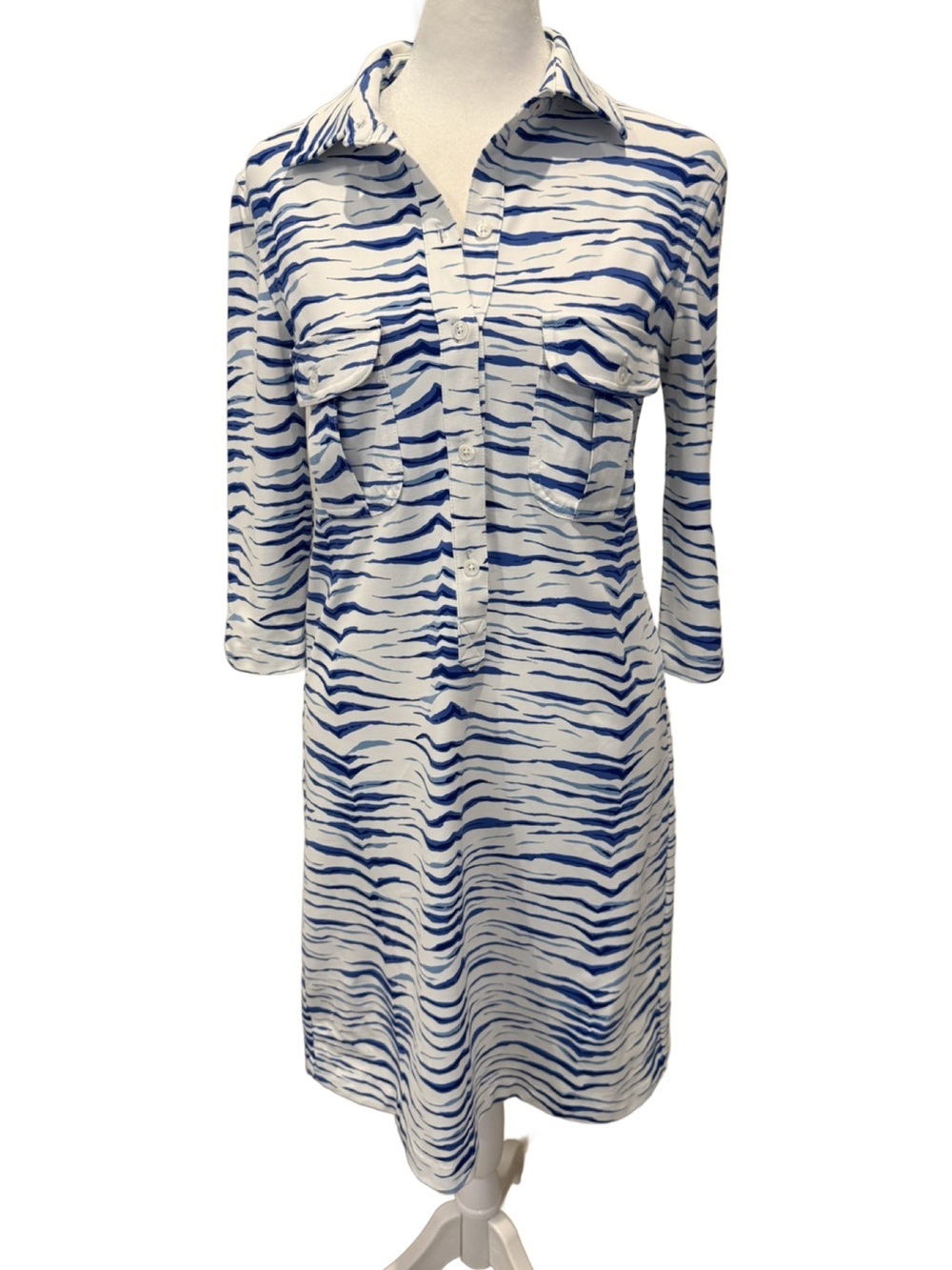 Persifor by Tuckernuck Winpenny Blue & White Zebra Stripe Shirt Dress. Small